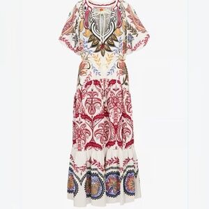 FARM Rio Camafeu Boho Glam Maxi Dress with Red, Blue & Gold Floral Print